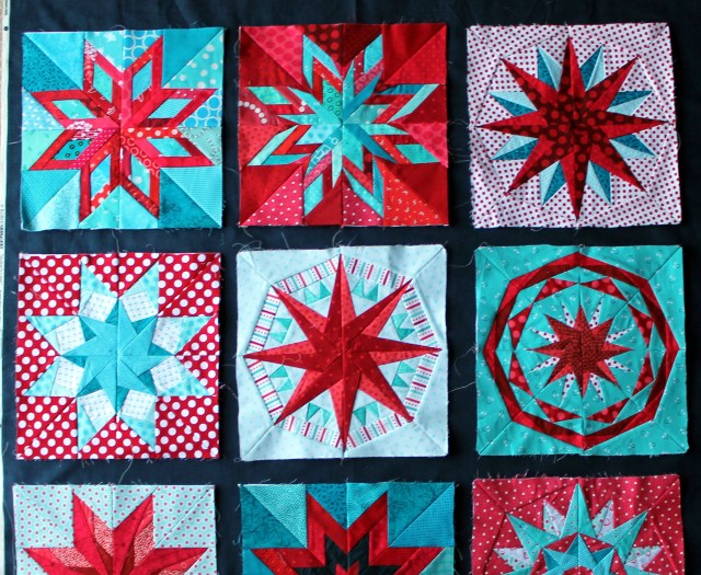 navy sashing on paper pieced star sampler quilt