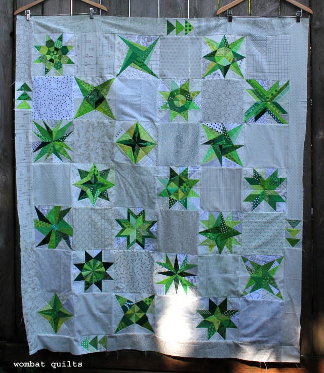 finished green star quilt top